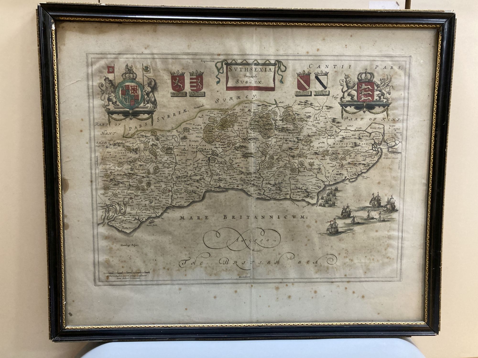 John Blaeu, coloured engraving, Map of Suthsexia Vernaculae Sussex, overall 49 x 60.5cm